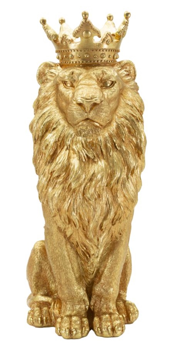 Dekofigur Löwe mit Krone sitzend Tierfigur  Skulptur stolzer Löwenkönig Shanti in edlem Gold H 74 cm