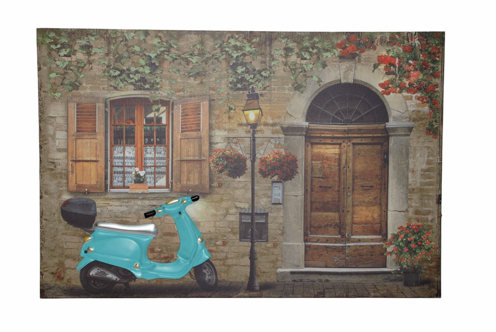 Nostalgie LED-Wandbild Gasse mit blauem Roller Vespa Vintage Stil 40x60 cm Leinwandbild
