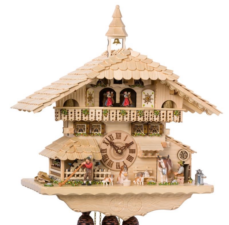 Traditionelle 8-Tage-Kuckucksuhr Häuschen aus hochwertigem Holz, Höhe 54 cm, mechanisches Uhrwerk