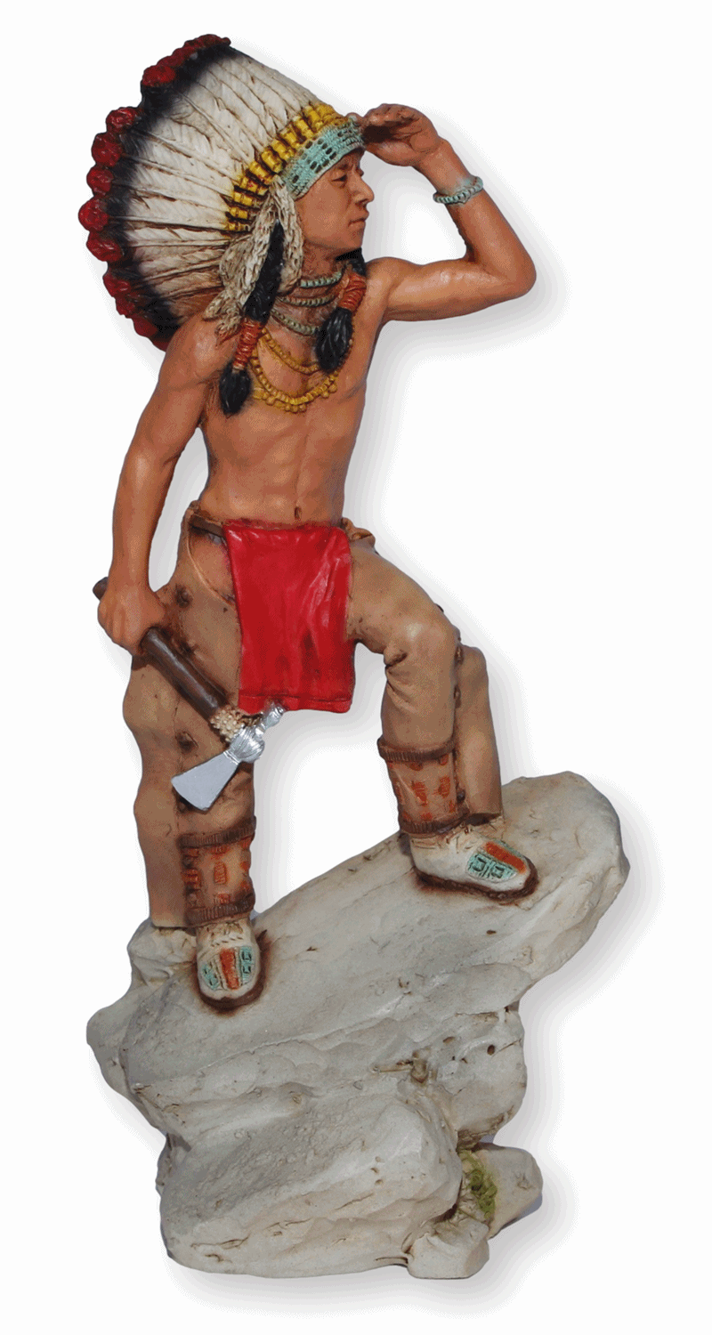 Indianerfigur Plenty Coups Häuptling Crow H 21 cm mit Kopfschmuck stehend auf Felsen Castagna