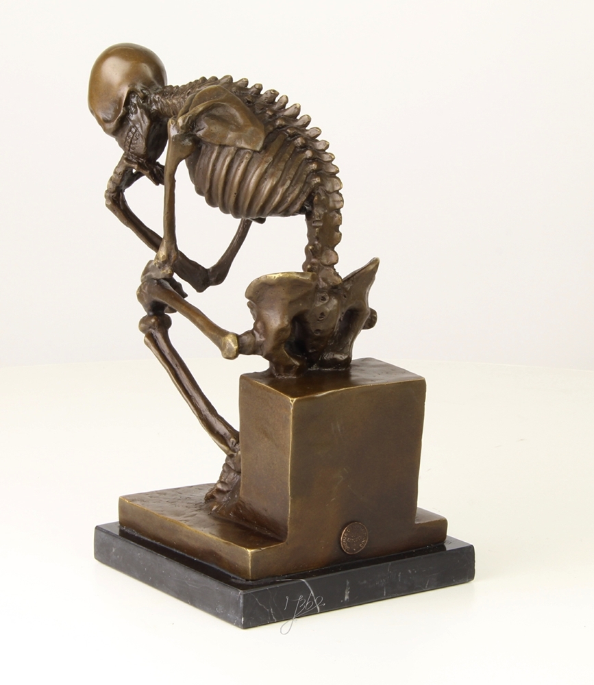 Bronzefigur Bronzeskulptur Der Denker Skelett aus Bronze auf Sockel H 24,5 cm Deko Figur