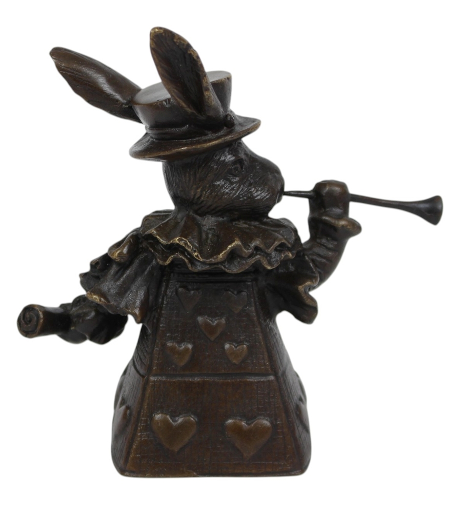 Elegante Tischglocke Hase im Jugendstil aus Bronze H 11,3 cm Herzkönigin Bronzefigur Herzornamenten