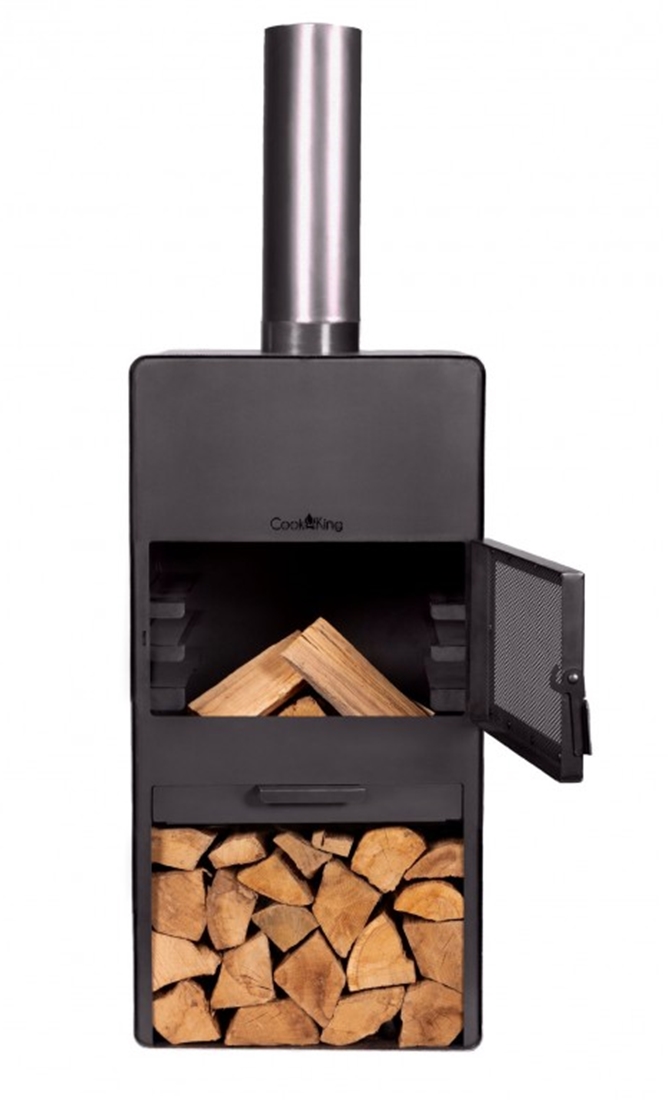 Gartenkamin "Vento" Gartenofen H 150 cm zum Grillen Heizen Terrassenofen mit Kaminregal Naturstahl