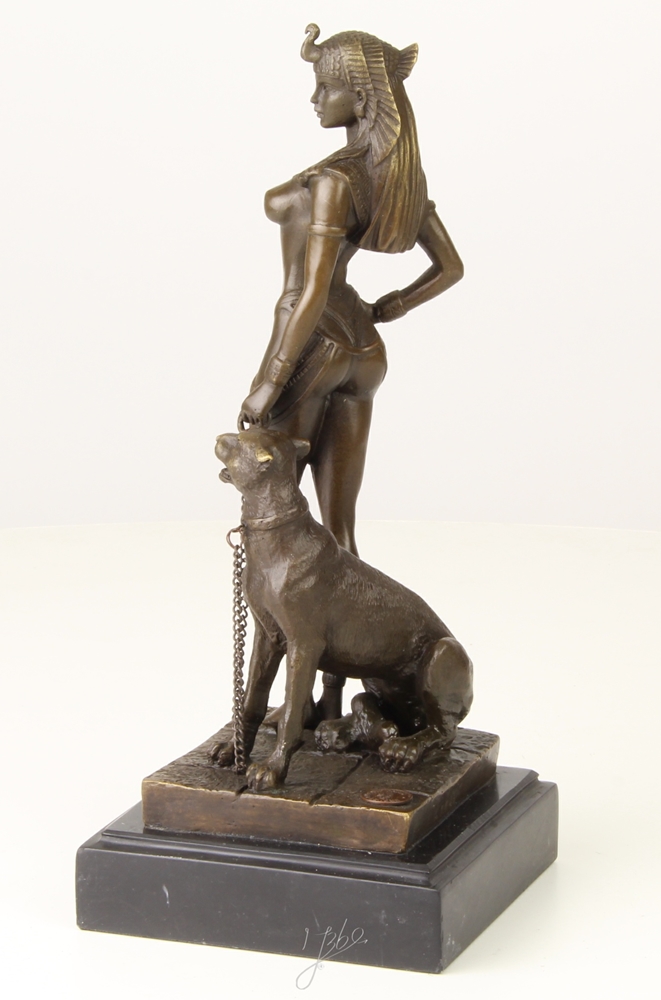 Bronzefigur Bronzeskulptur Bronze Figur Cleopatra Königin von Ägypten mit Panther H 25,5 cm