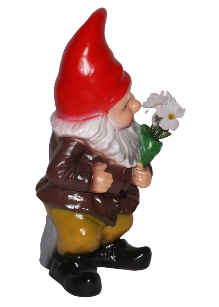 Gartenzwerg mit Scherzbewegungsmelder Zwerg mit Blumenstrauß Dekofigur aus Kunststoff H 45 cm