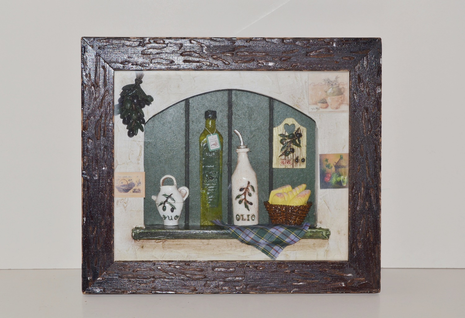 Nostalgie Bild Collagenbild Olivenöl Brot Restaurant Holzbilderrahmen zweidimensional Foto B 34 cm