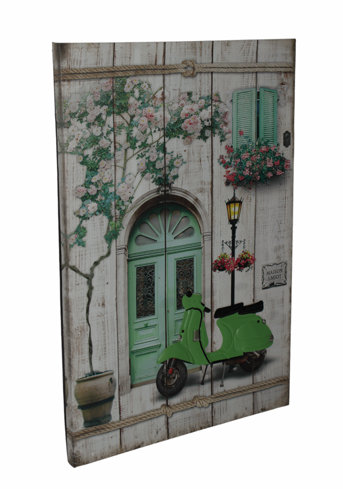 Nostalgie LED-Wandbild Gasse mit grünem Roller Vespa Blumen Vintage Stil  60x40 cm Leinwandbild