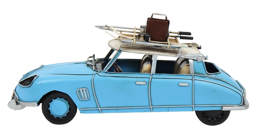 Blechauto Nostalgie Modellauto Oldtimer Citroen DS 19 mit Dachgepäck Winter Urlaub aus Blech L 31 cm