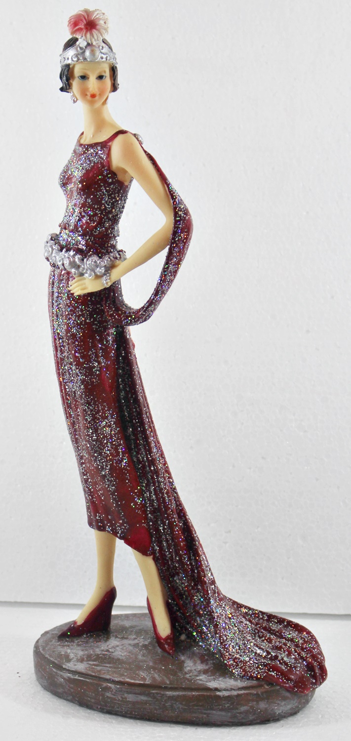 Beauty Figur Deko Modefigur Modepuppe Nostalgiefigur Dame rotes Kleid mit Kopfschmuck aus Resin