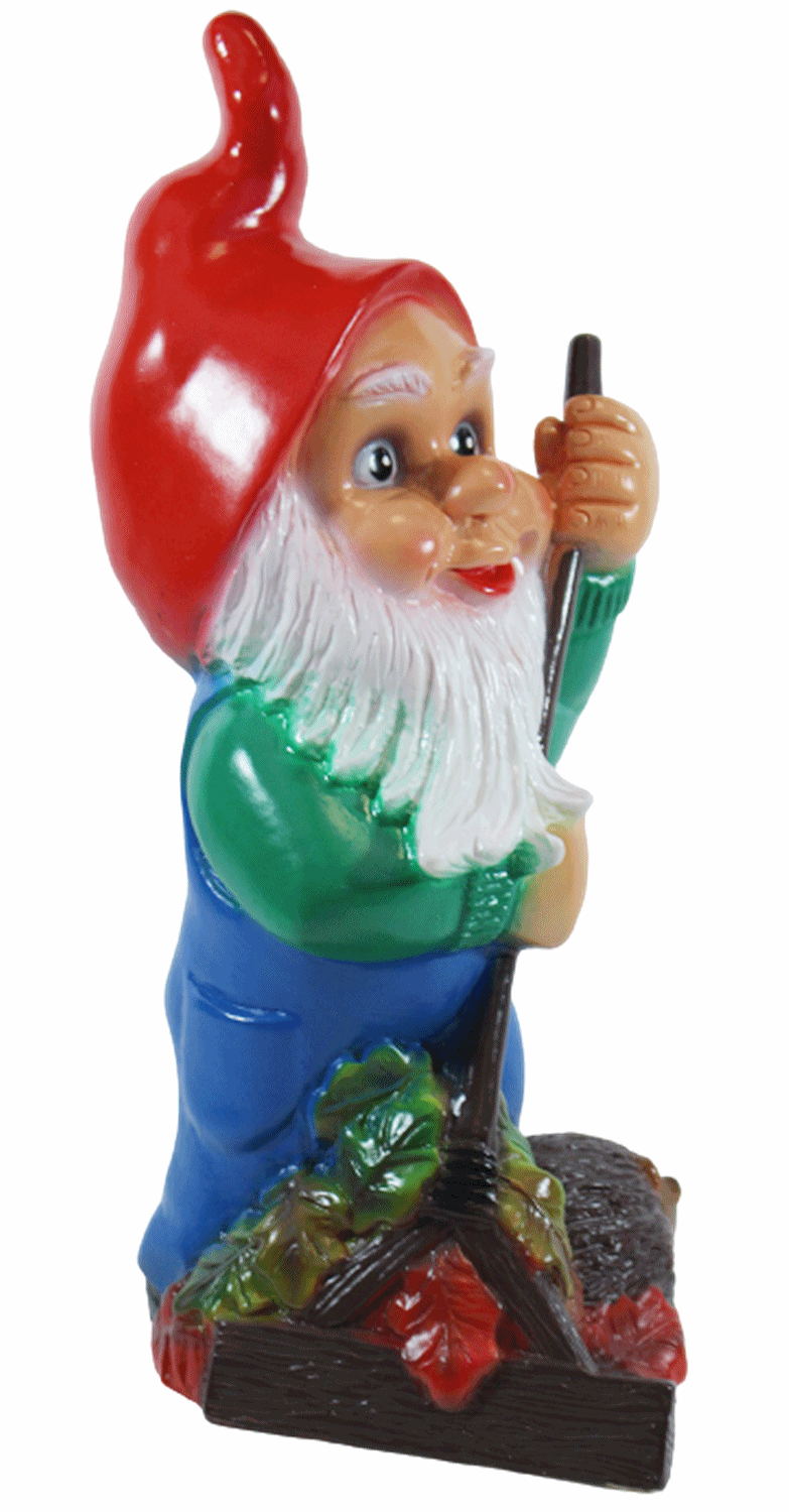 Gartenzwerg Deko Garten Figur Zwerg stehend mit Laubrechen und Igel aus Kunststoff H 34 cm