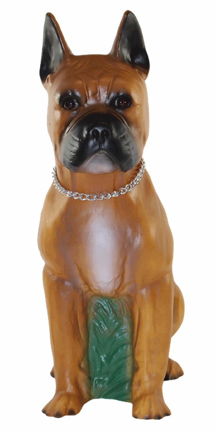 Deko Garten Figur Gartenfigur Tierfigur Boxer mit Kette Hund klein sitzend aus Kunststoff Höhe 40 cm