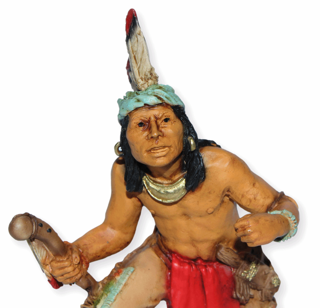 Indianerfigur Indianer Ottawa Anführer Chief Pontiac Skulptur H 14 cm geduckt mit Kopfschmuck