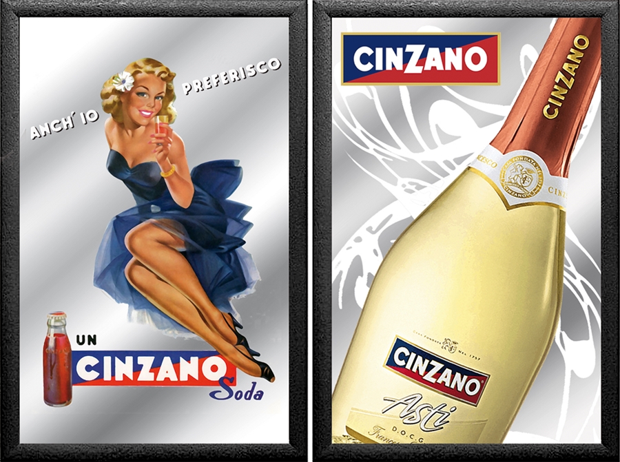 Set: 2 Spiegelbilder Cinzano Wermut Vermouth Asti Flasche 30x20 cm Wandbilder Hinterglasdruck