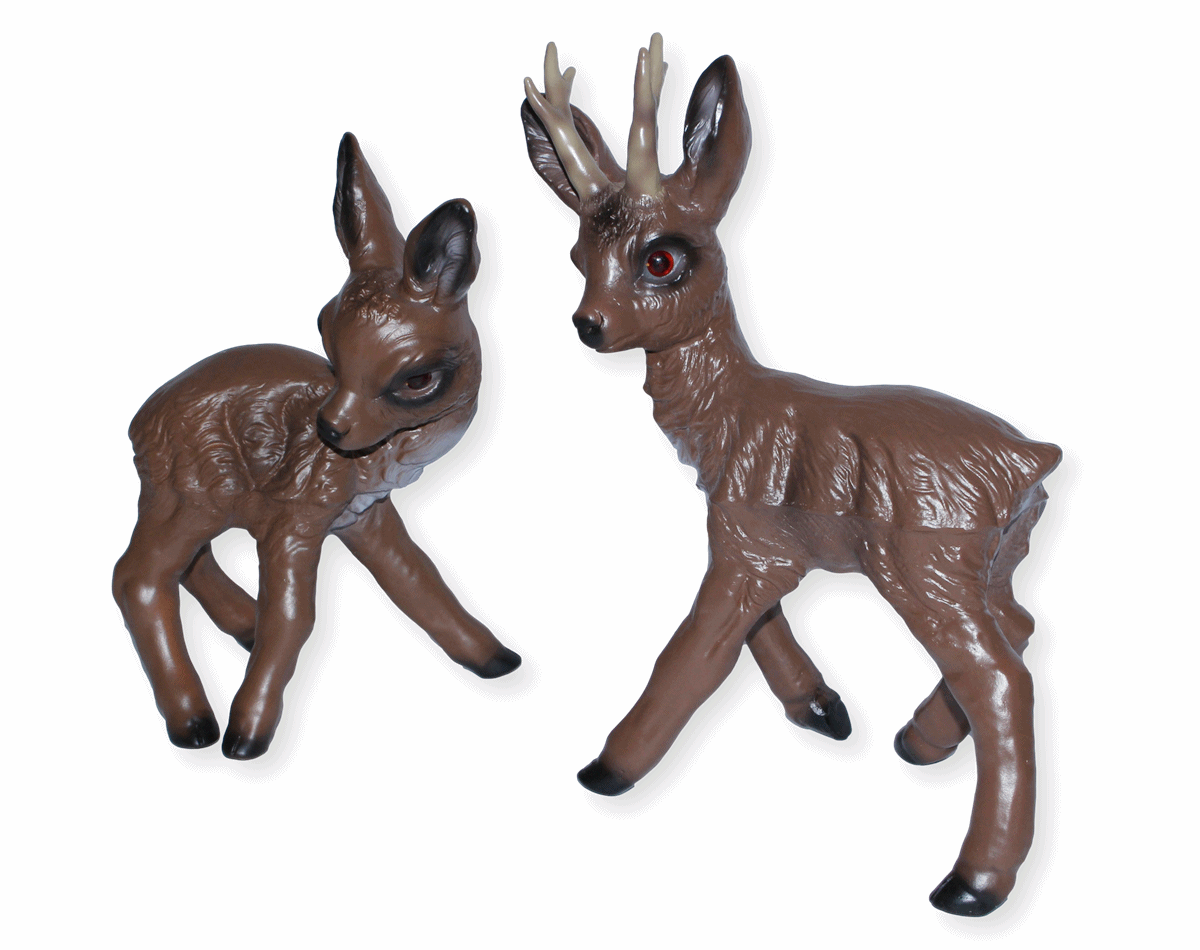 Deko Tier Figur Gartenfigur Rehkitz Bambi u. Rehbock stehend als Satz aus Kunststoff H 30-35 cm