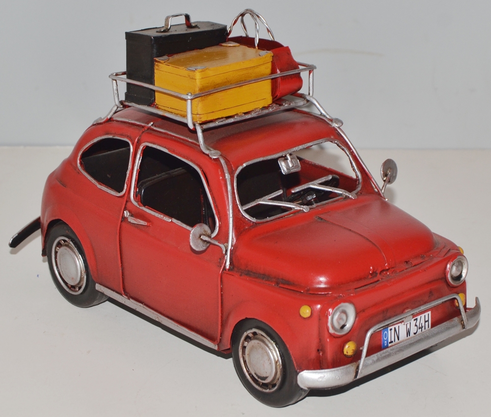 Blechauto Nostalgie Modellauto Oldtimer Automarke Fiat 500 Topolino mit Koffer aus Blech L 24 cm