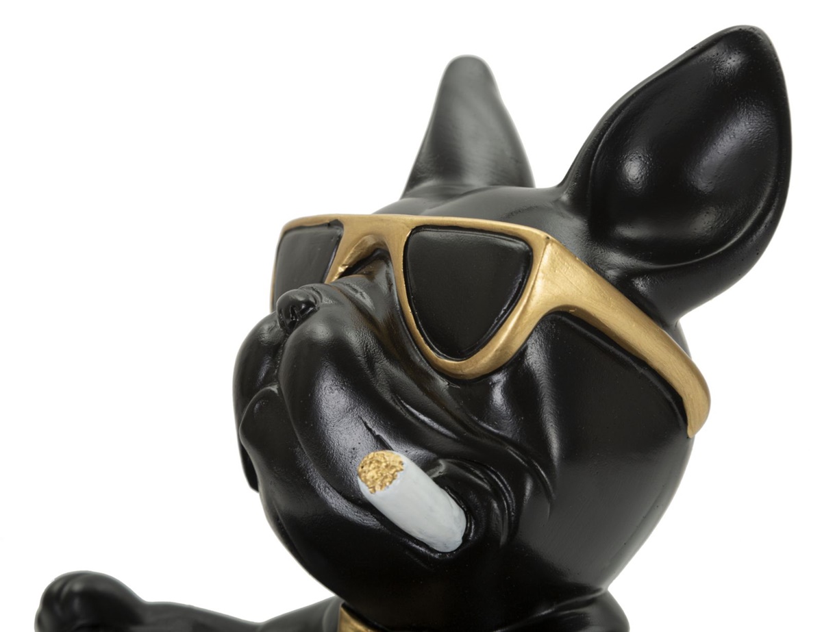 Dekofigur Hund Ball Cool schwarz klein sitzend mit Brille vor großem Napf als Behälter H 20 cm