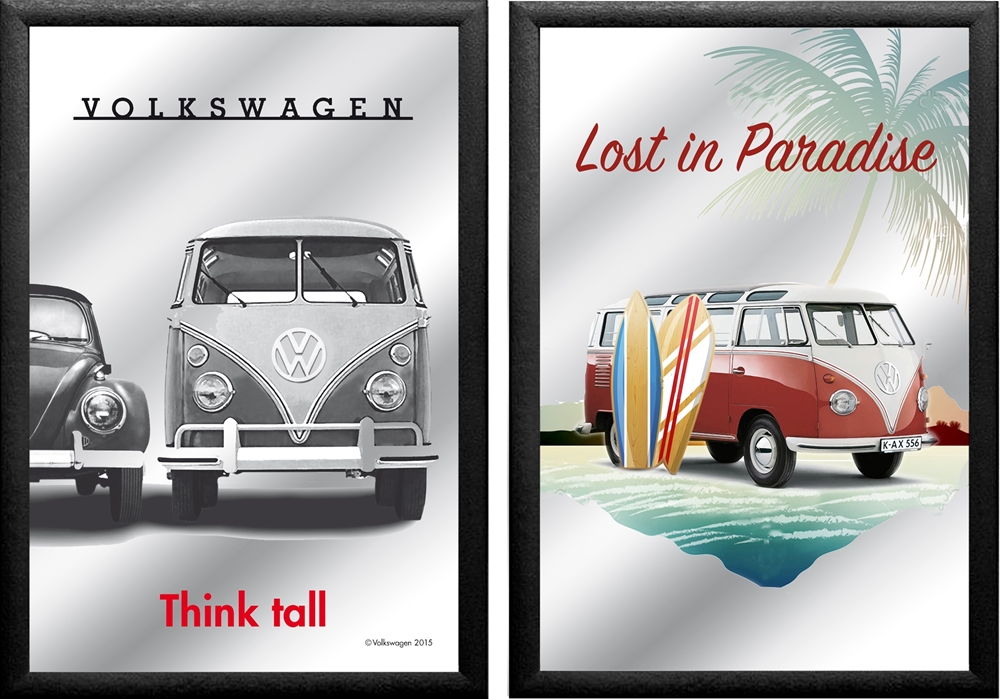 Set: 2 Spiegelbilder VW Bulli Oldtimer 30x20 cm Wandbilder Hinterglasdruck mit schwarzem Rahmen
