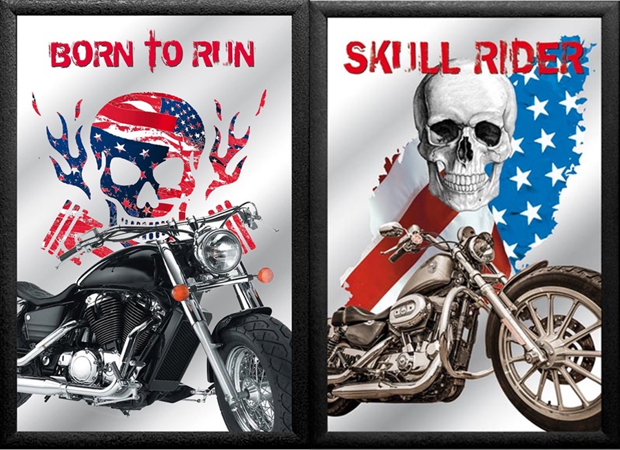 Set: 2 Spiegelbilder Easy Rider Skull Motorrad Bild 30x20 cm Wandbilder Hinterglasdruck mit Rahmen