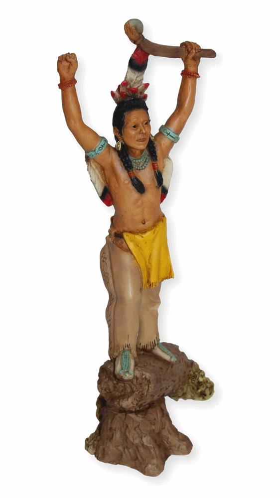 Indianerfigur Massasoit H 24 cm Wasamegin Gelbe Feder mit Kopfschmuck stehend auf Holzstamm Castagna