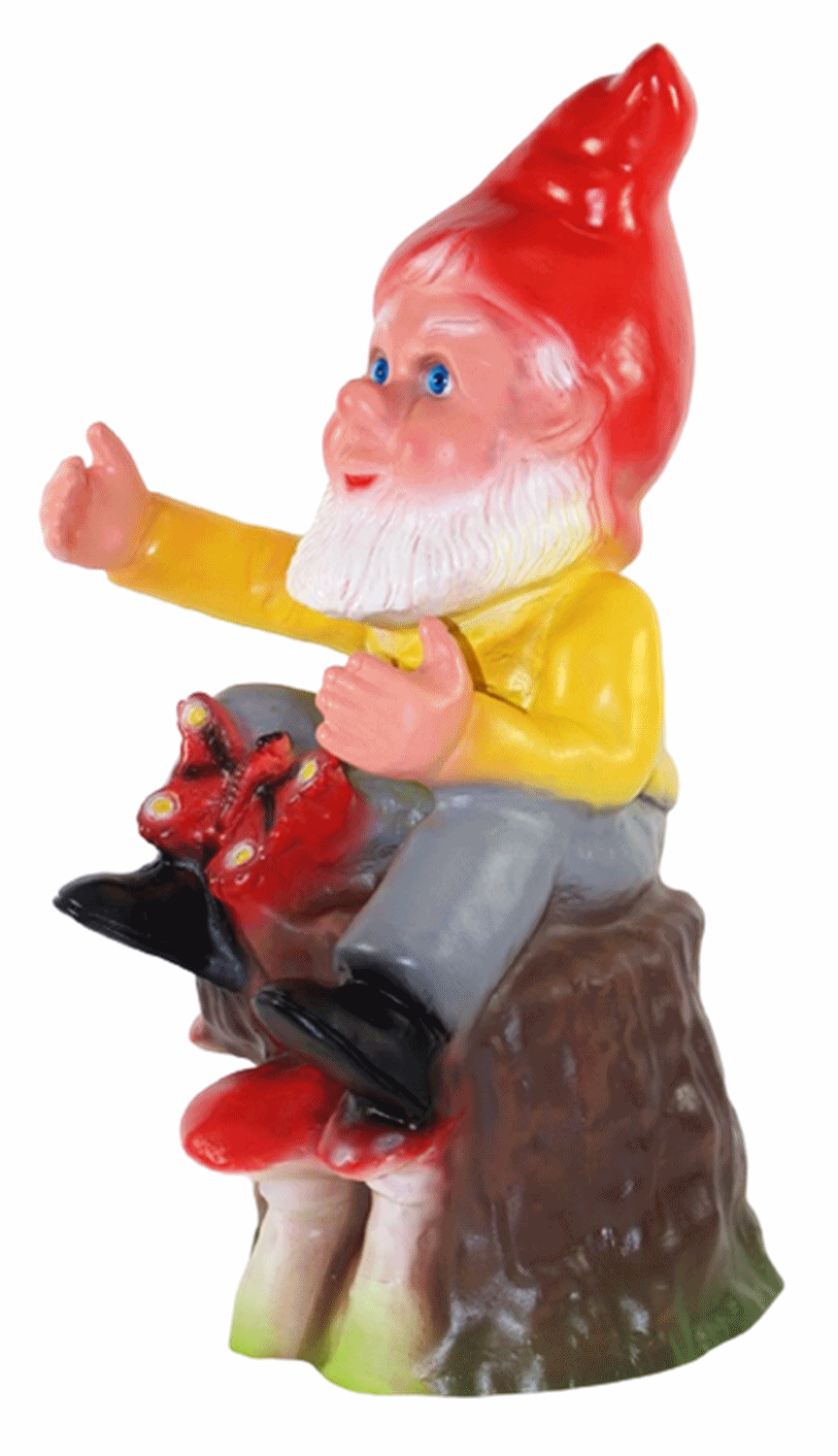 Gartenzwerg Deko Figur Zwerg auf Baumstamm mit Schmetterling u.Pilzen sitzend aus Kunststoff H 36 cm