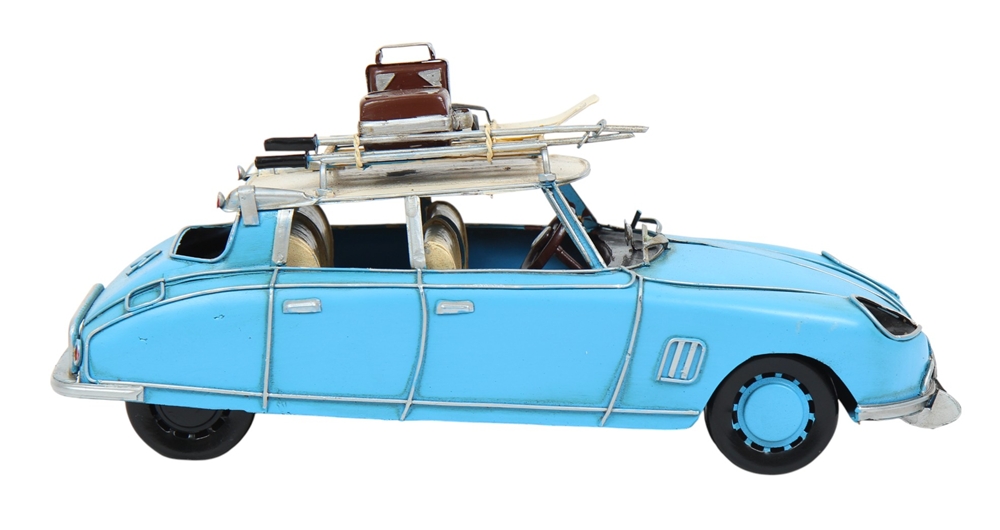 Blechauto Nostalgie Modellauto Oldtimer Citroen DS 19 mit Dachgepäck Winter Urlaub aus Blech L 31 cm
