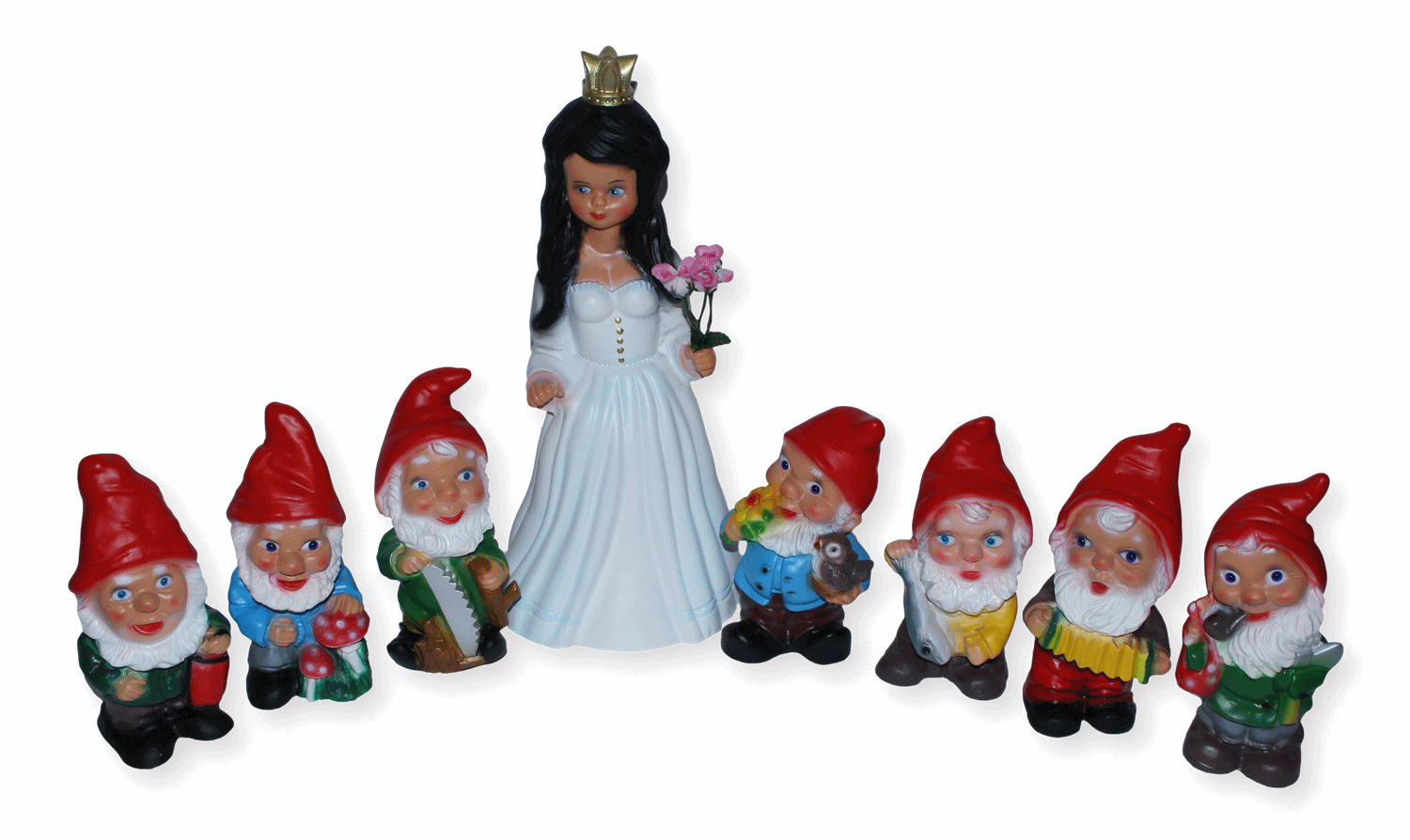 Deko Figur Schneewittchen H 40 cm und 7 Zwerge H 19-20 cm Gartenfiguren stehend als Satz