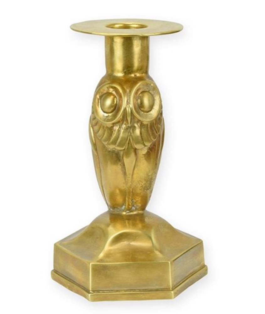 Bronzefigur Bronzeskulptur Bronze Vintage Kerzenständer Eule H 17 cm Kerzenhalter in gold
