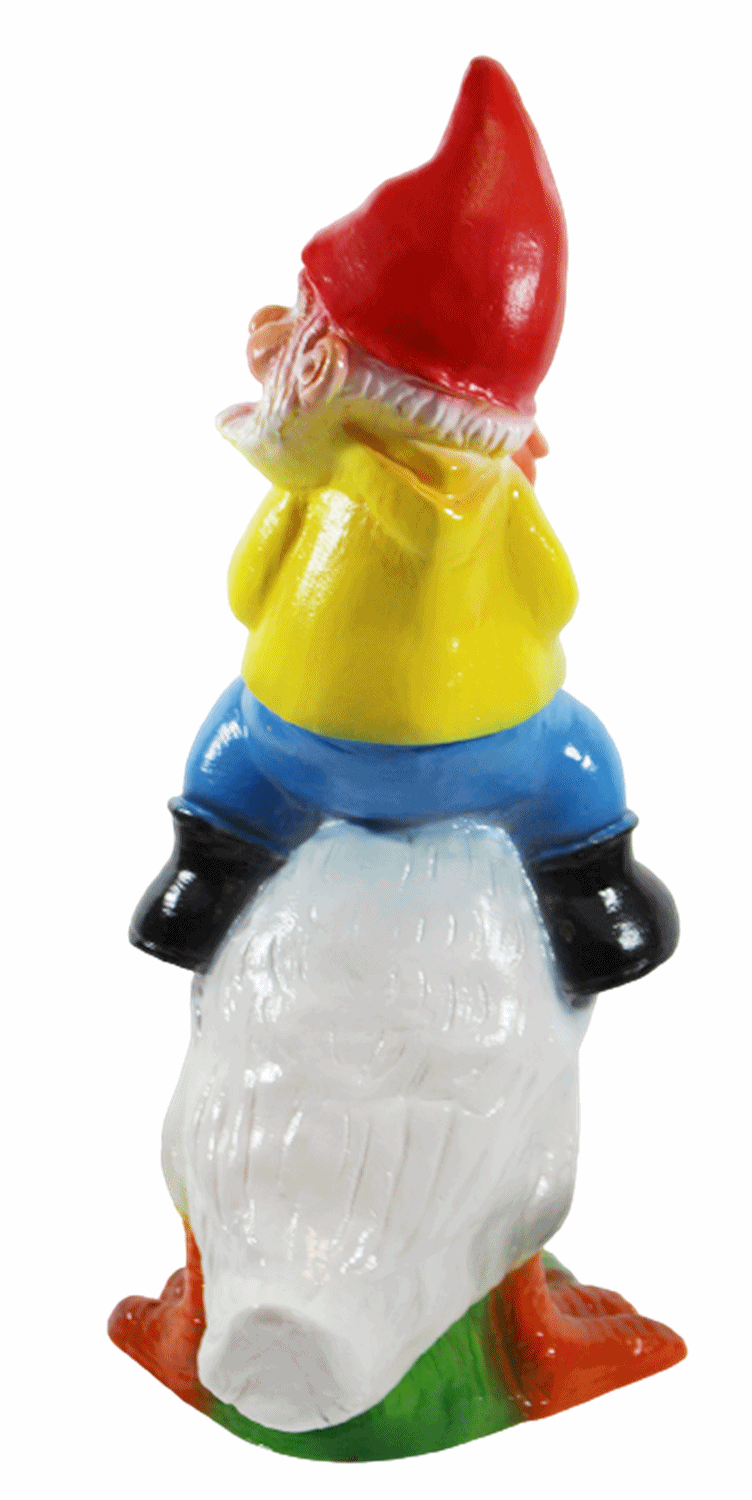 Gartenzwerg Deko Garten Figur Zwerg sitzend auf Ente Gartenfigur aus Kunststoff H 39 cm