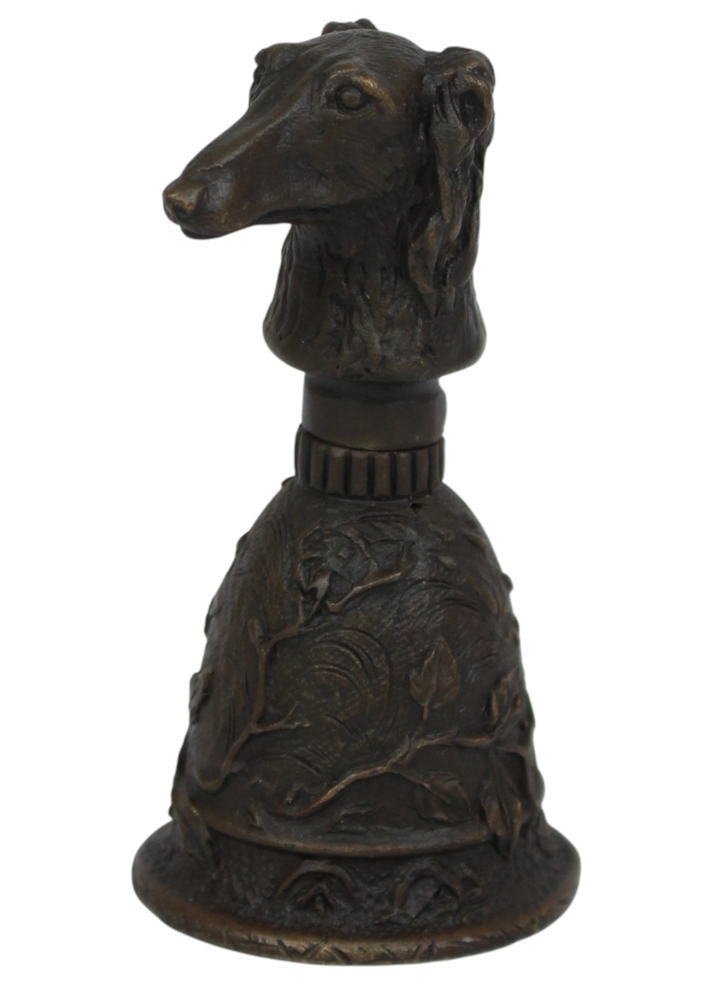 Bronzefigur Hund als Tischglocke H 9,8 cm Barsoi Windhund Bronze Handglocke mit Hundekopf Jugendstil