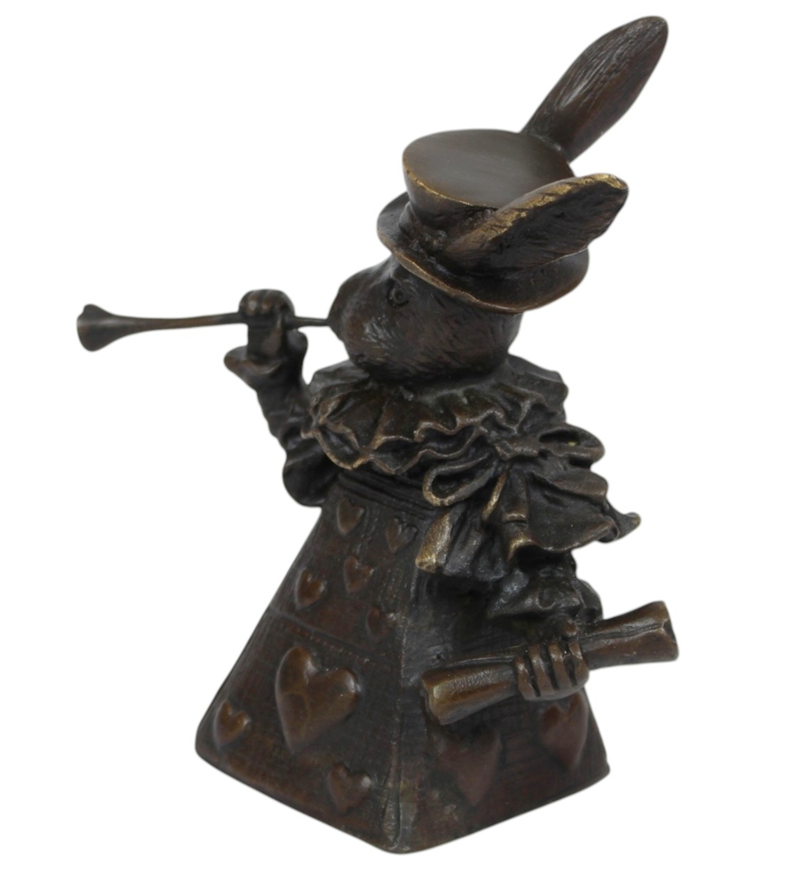 Elegante Tischglocke Hase im Jugendstil aus Bronze H 11,3 cm Herzkönigin Bronzefigur Herzornamenten