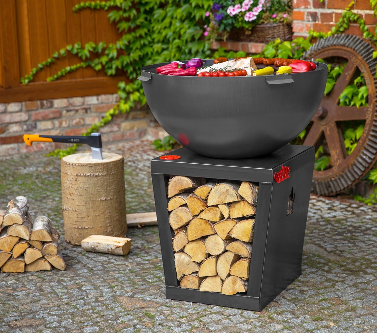 Grill SANTOS D 85 cm tiefe Grillschale Sockel mit Kaminholzablage Grillplatte aus Naturstahl