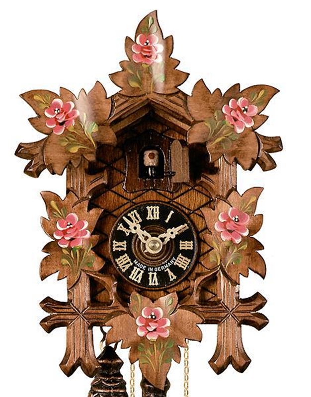 Traditionelle Kuckucksuhr mit rosa Blumen bemalt aus Holz, Höhe 20 cm, mechanisches Uhrwerk