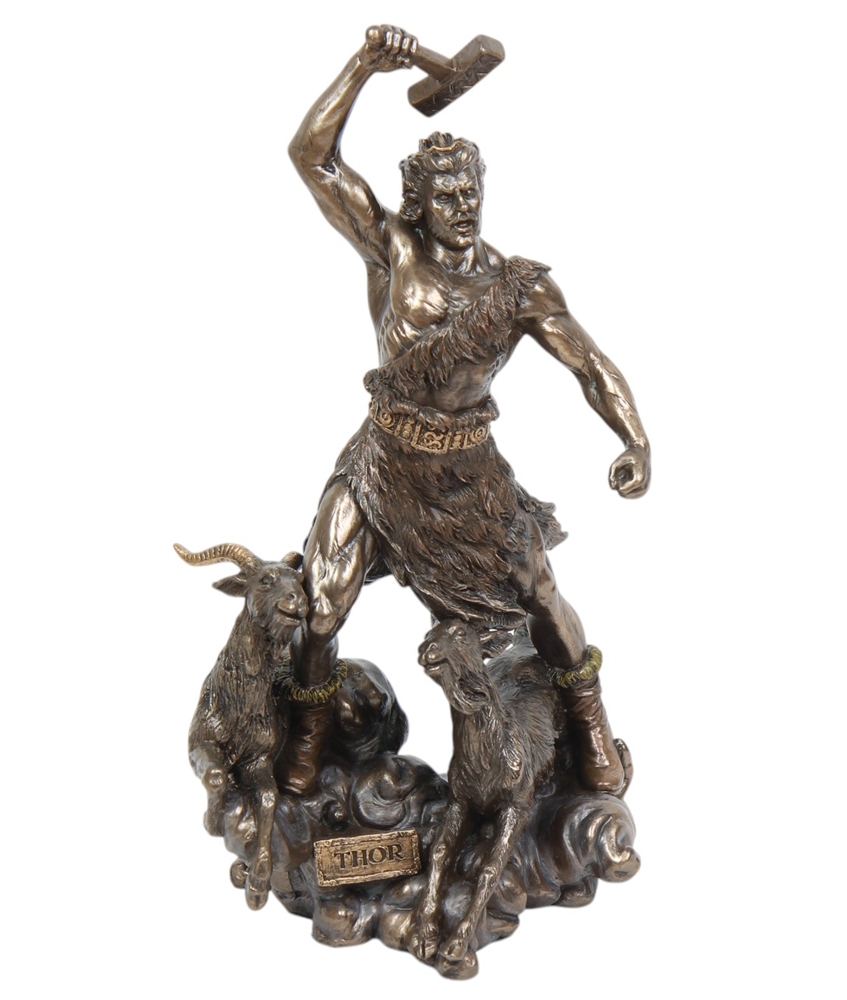 Dekofigur Thor Höhe 30 cm Skulptur Nordischer Donnergott mit Hammer & Ziegen detailreiche Statue