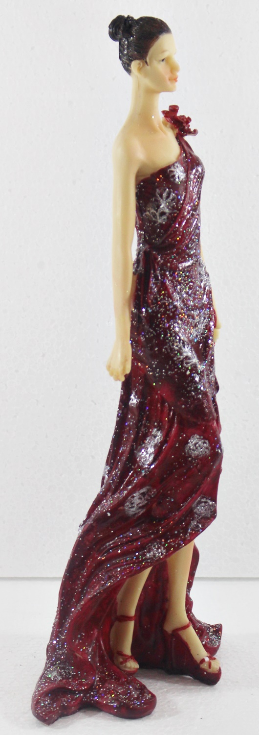 Beauty Figur Deko Modefigur Modepuppe Nostalgiefigur Dame roten Kleid mit Blume aus Resin H 33 cm