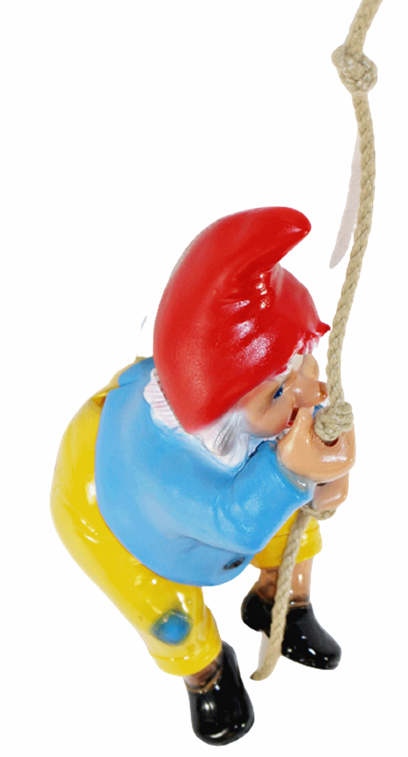 Gartenzwerg Deko Gartenfigur Zwerg am Seil hängend kletternd H 38 cm ohne Seil aus Kunststoff