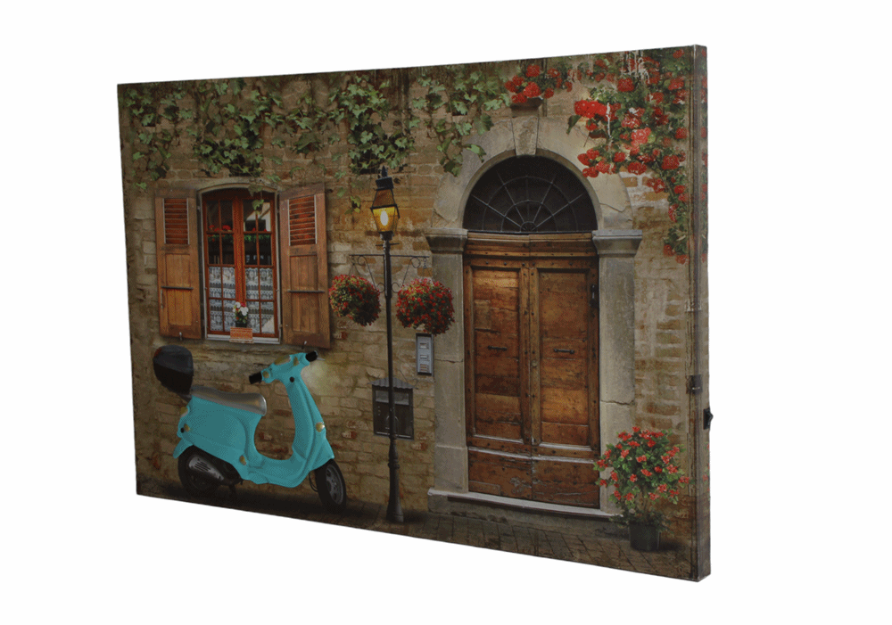 Nostalgie LED-Wandbild Gasse mit blauem Roller Vespa Vintage Stil 40x60 cm Leinwandbild
