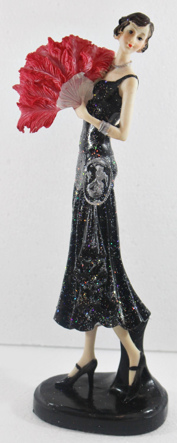 Beauty Figur Deko Modefigur Modepuppe Nostalgiefigur Dame schwarzen Kleid mit roten Fächer aus Resin