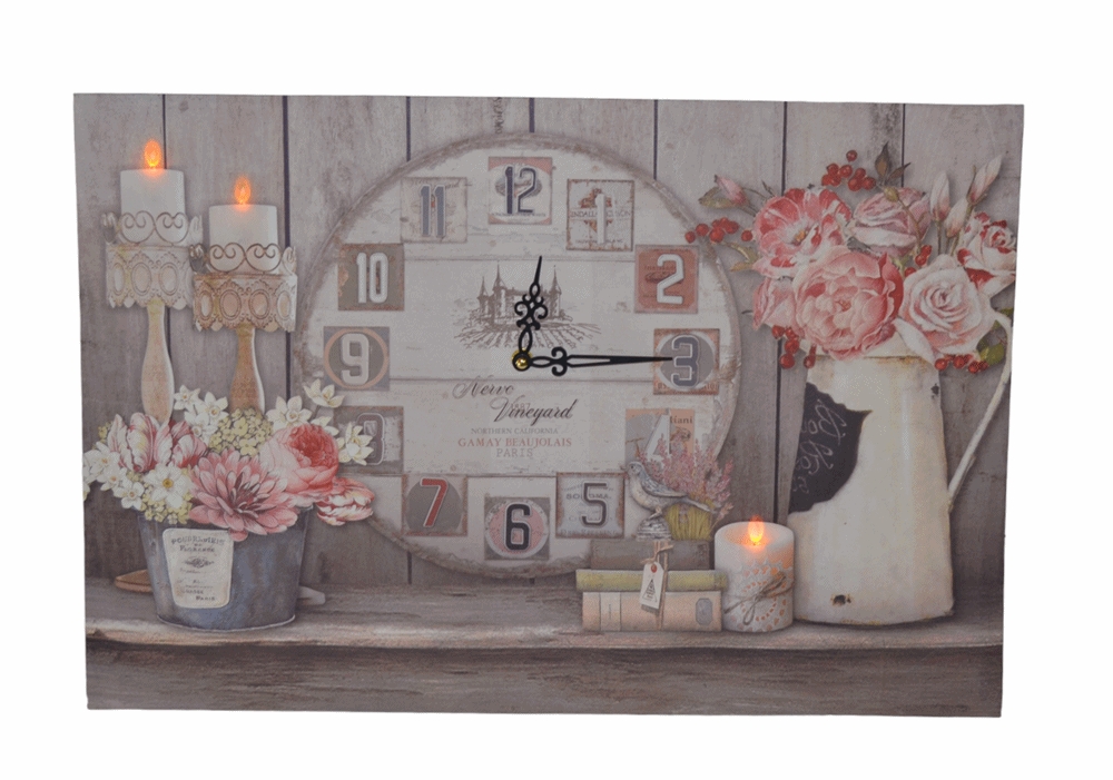 Nostalgie LED-Wandbild Blumen Deko Bild mit integrierter Uhr 40x60 cm Leinwandbild