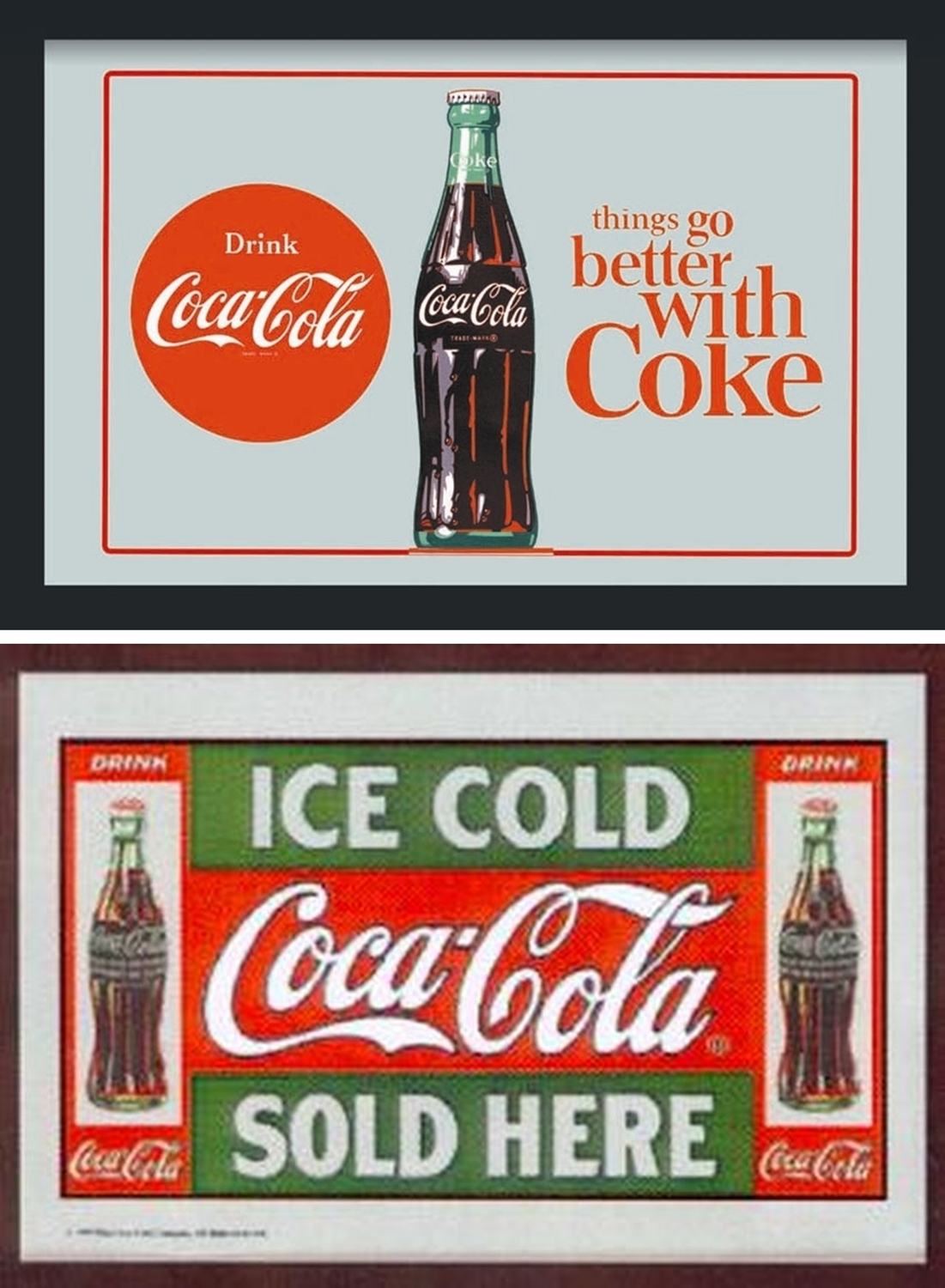 Set: 2 Spiegelbilder Coca-Cola Flasche Vintage "things go better with Coke" 20x30 cm Wandbilder