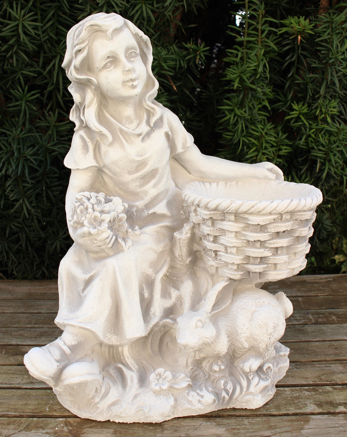 Beton Figur Mädchen mit Topf zum Bepflanzen H 34 cm Ostern Frühling Dekofigur und Gartenskulptur