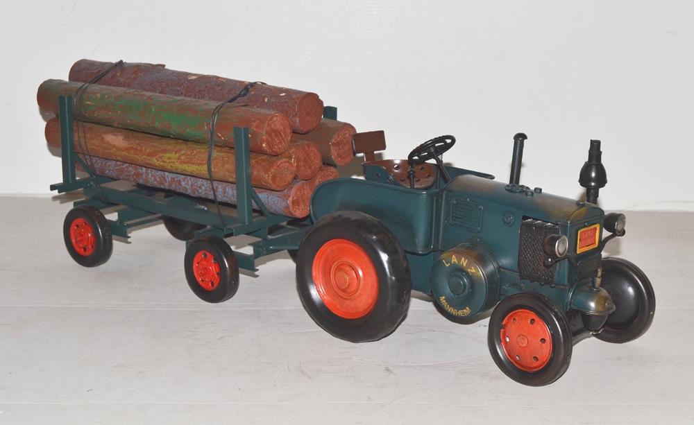 Blechtraktor Nostalgie Traktor Lanz Gespann mit Holzanhänger Oldtimer Lanz Bulldog L 60 cm