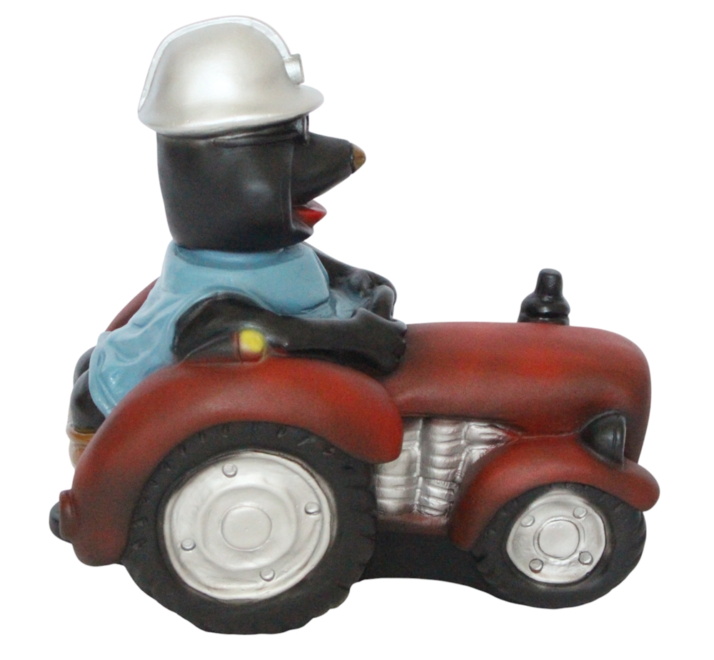 Maulwurf auf Traktor Wackelkopf Figur Höhe 28 cm - Lustige Bergarbeiter-Dekofigur aus Kunststoff
