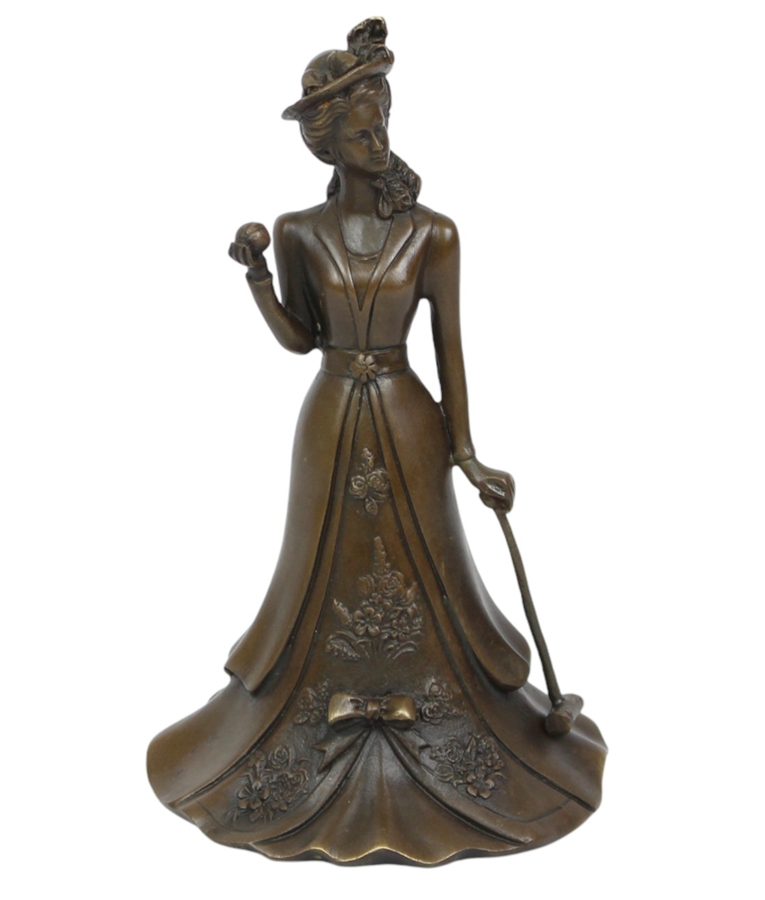 Bronze Tischglocke im Jugendstil mit Golferin Frau Motiv H 17 cm Elegante Tisch Golf Dekoration