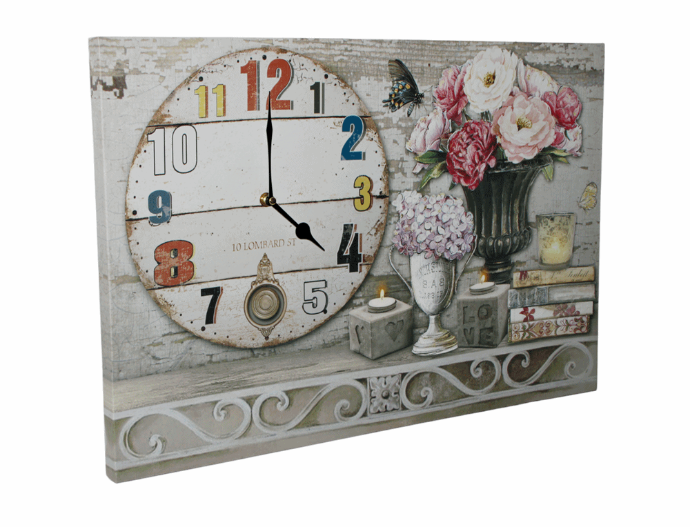 Nostalgie LED-Wandbild Blumen Bücherstapel Deko Bild mit integrierter Uhr 40x60 cm Leinwandbild