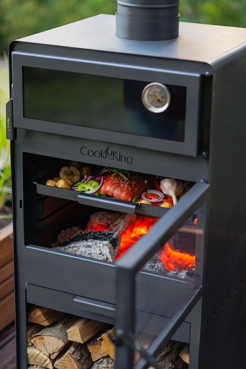 Gartenkamin Vento Pizza-Gartenofen Glastür H 150 cm zum Grillen Heizen Backen und Kaminregal