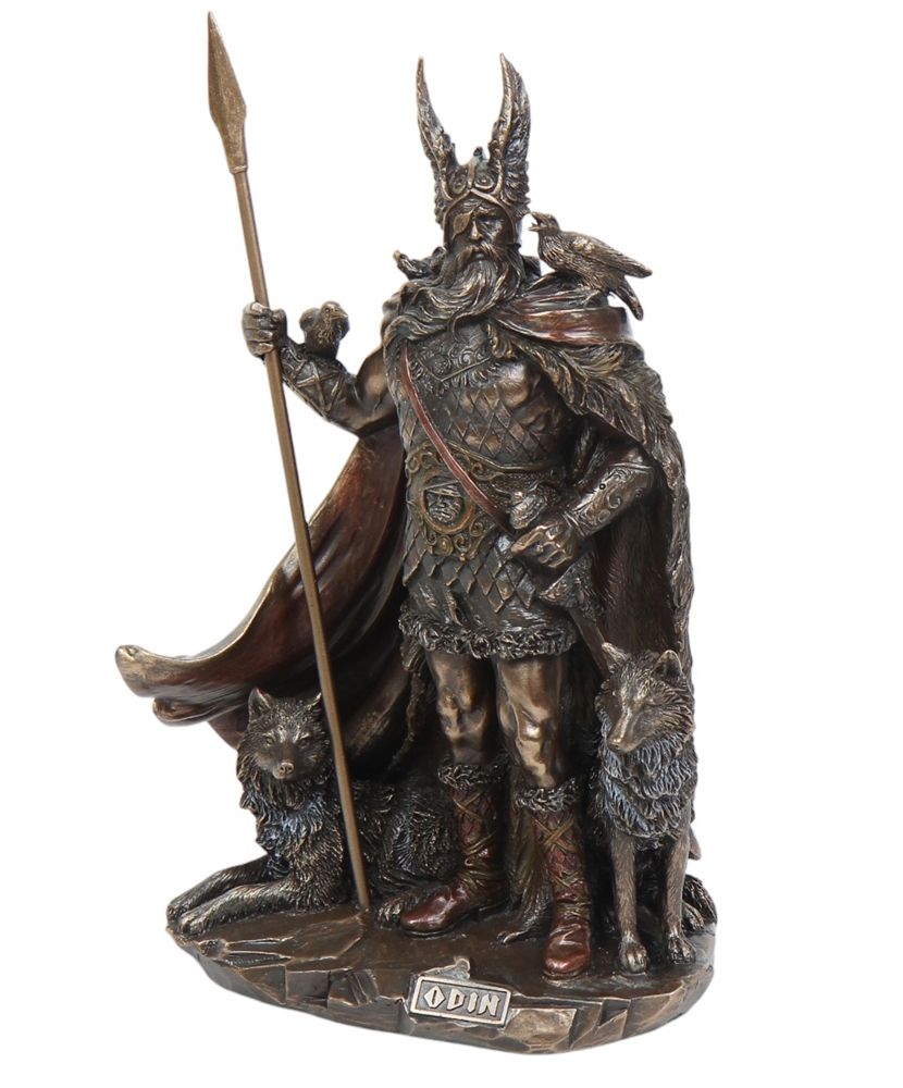 Dekofigur Odin H 25 cm Skulptur Nordischer Gott mit Raben & Wölfen detailreiche Mythologie Figur