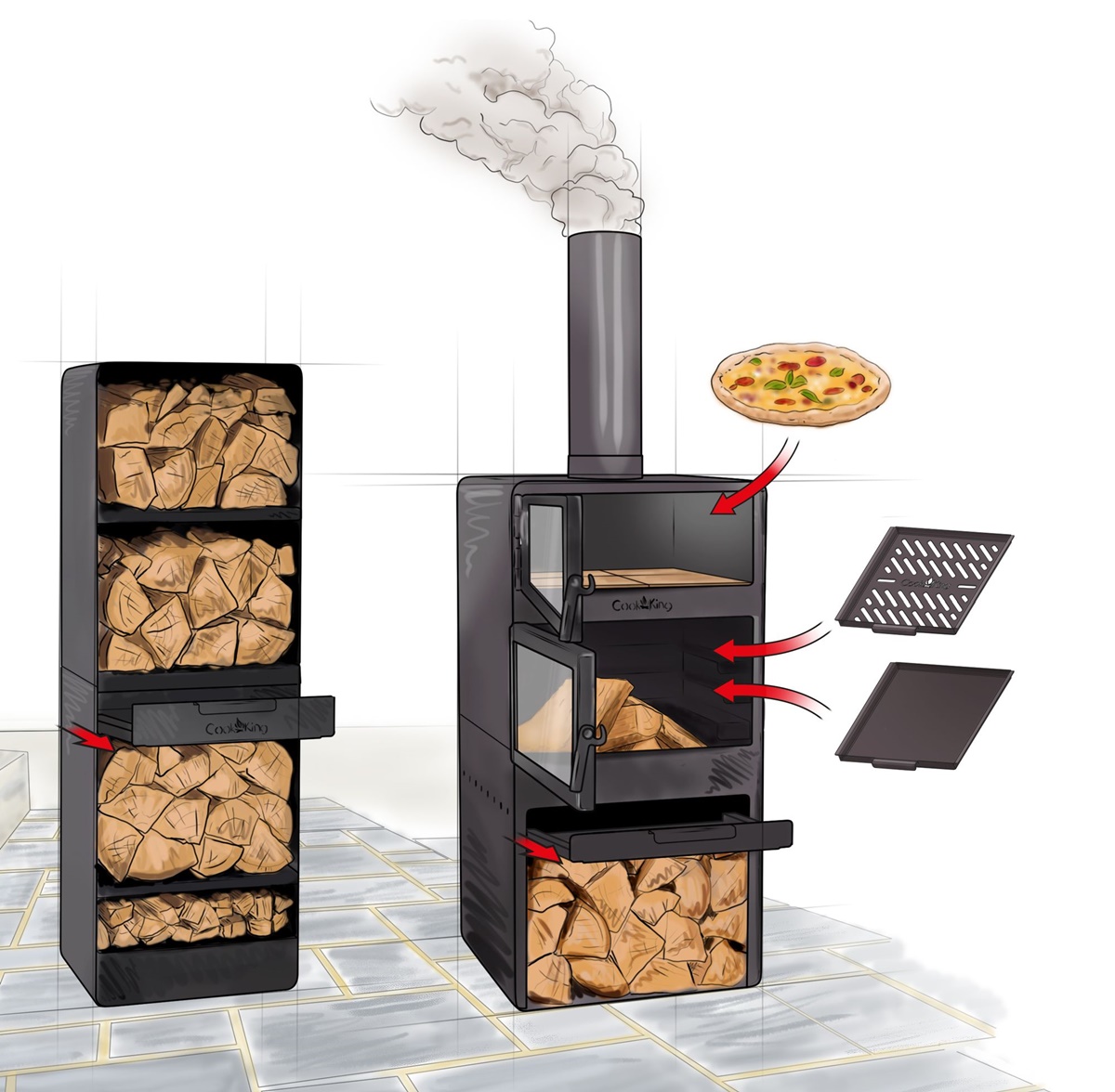 Gartenkamin Vento Pizza-Gartenofen Glastür H 150 cm zum Grillen Heizen Backen und Kaminregal