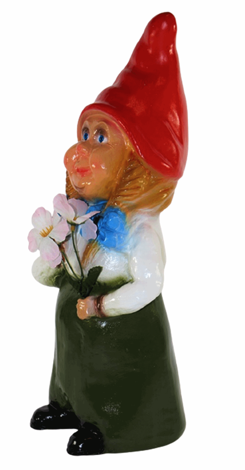 Gartenzwerg Deko Garten Figur Zwerg Zwergenfrau mit Blumen stehend aus Kunststoff H 32 cm