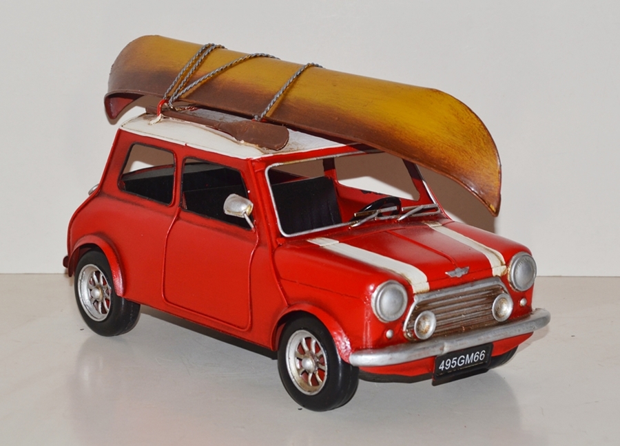 Blechauto Nostalgie Modellauto Mini Cooper rot mit Dachgepäckträger, Kanu Oldtimer L 35 cm aus Blech