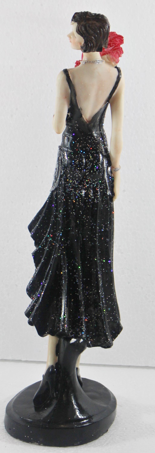 Beauty Figur Deko Modefigur Modepuppe Nostalgiefigur Dame schwarzen Kleid mit roten Fächer aus Resin